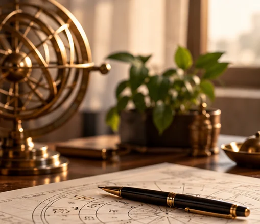A brass armillary sphere on a wooden desk in warm afternoon light, beside a fountain pen resting on a hand-drawn chart.